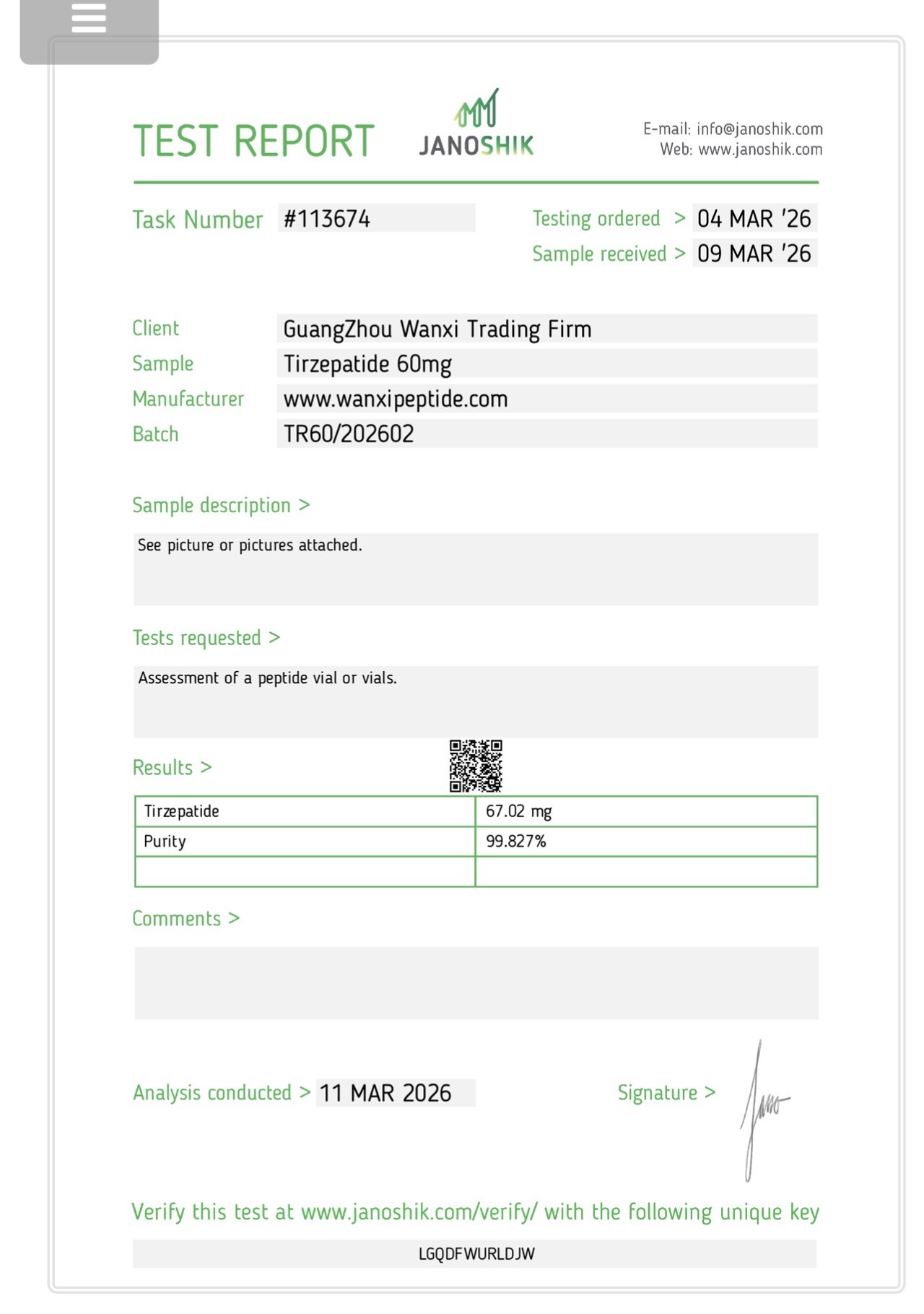 MOTS-c 40mg Test Report — Janoshik